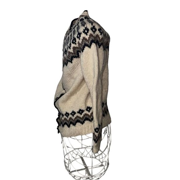 Vintage 1960s Womens Hand Knitted in Norway Fair Isle Wool Brown Tan Cardigan M - Picture 6 of 9